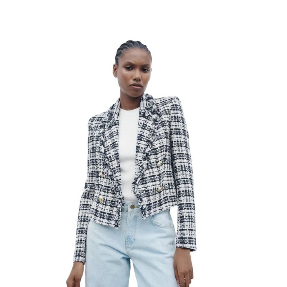 ZARA TEXTURED DOUBLE BREASTED BLAZER BLACK/WHITE SIZE M 2460/103 - Picture 2 of 3